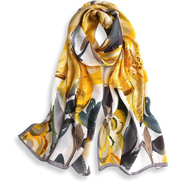 🆕 Women Yellow Mulberry Silk Long Scarf Large Oblong Shawl Head Neck Hair Wrap - Picture 1 of 5